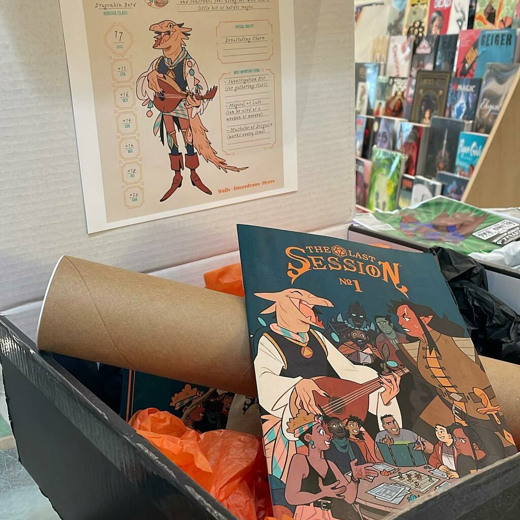 nbrhdcomics's tweet photo. The first customer to buy The Last Session 1 in-store will receive this awesome promo box of goodies from @madcavestudios! #thelastsession #roleplaying #rpg #dnd #savannah #comics https://t.co/90UL2W4to6 https://t.co/IeJ29ARTFw
