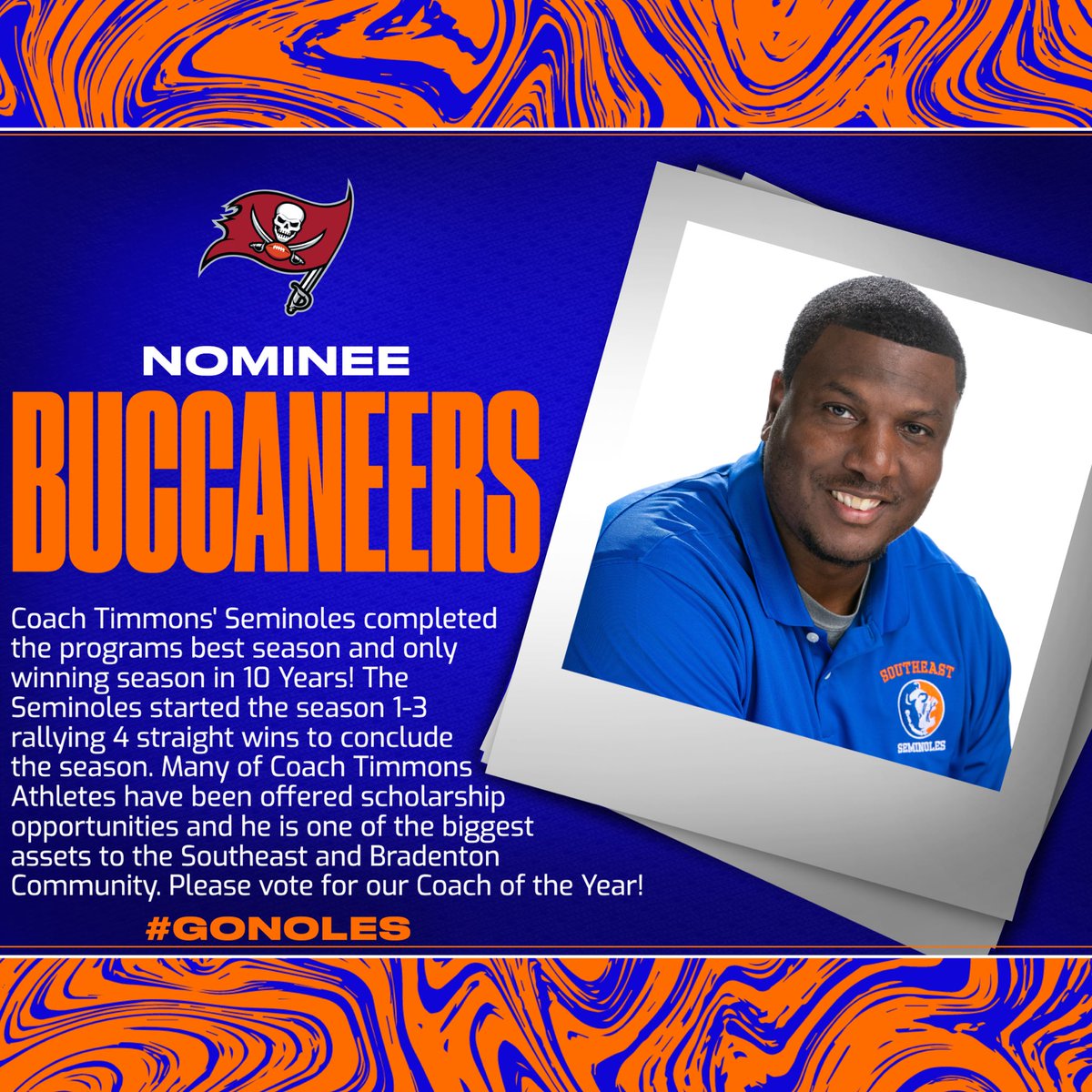 SEHSNoles's tweet photo. 🚨🚨🚨SEMINOLES🚨🚨🚨

Head Football Coach, Brett Timmons is up for the Tampa Bay Buccaneers, High School Coach of the YEAR❗️Stop what you’re doing and vote immediately❗️Voting ends at 11:59pm Friday, December 10th❗️#GoNoles #BeLegendary

Link: https://t.co/cQEB9GJE0z https://t.co/4OYgeC7sKy