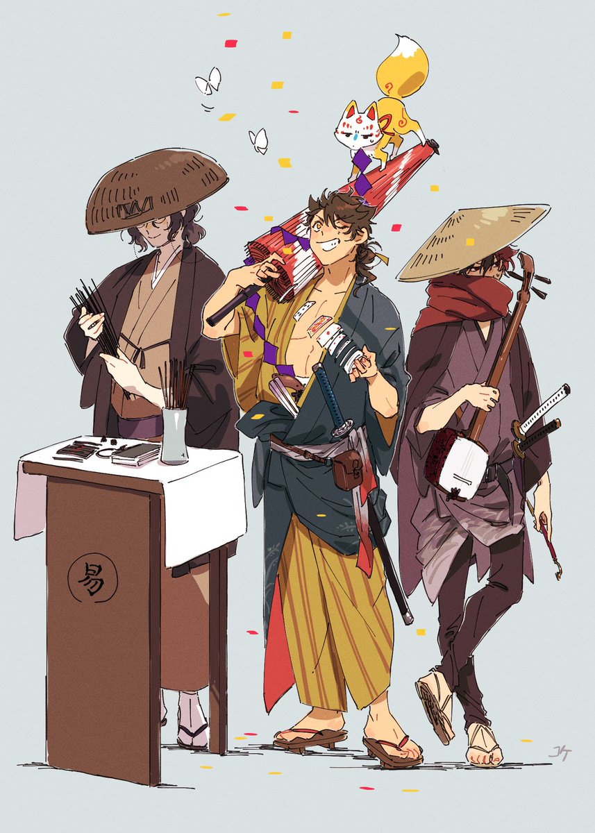 japanese clothes brown kimono hat multiple boys scarf kimono smile  illustration images
