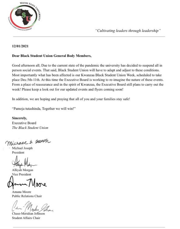 Good morning, due to the rise in COVID cases we are adhering to the university’s policy and will be alternating our 2021 Kwanzaa week to other methods. We thank you all for your understanding. 

“When roots are deep there is no need to fear the wind.” -African Proverb 
❤️🖤💚
