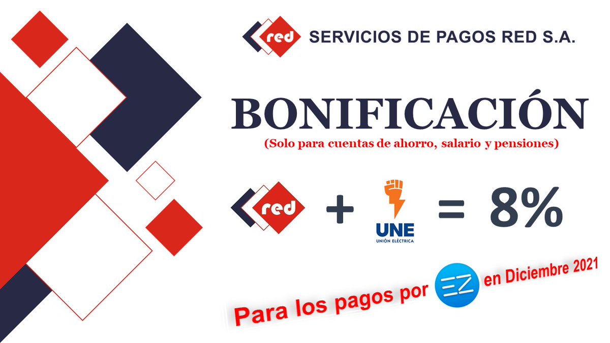 REDSA mantiene en Diciembre la Bonificación del 5️⃣% para los pagos de la 🔌 por <a href="/ENZONA_BX/">ENZONA</a> y les desea un Feliz 2022🎄🎉🍾
<a href="/OSDE_UNE/">Unión Eléctrica de Cuba</a> + <a href="/redsaCuba/">Servicios de Pagos Red S.A (REDSA)</a> = 8️⃣%
XETID+<a href="/BancoCentralCub/">Banco Central de Cuba</a>+<a href="/redsaCuba/">Servicios de Pagos Red S.A (REDSA)</a>+<a href="/ETECSA_Cuba/">ETECSA</a>+<a href="/OSDE_UNE/">Unión Eléctrica de Cuba</a>+<a href="/BanmetCuba/">Banco Metropolitano</a>+<a href="/Bandec97/">Banco de Crédito y Comercio</a>+<a href="/CubaBPA/">Banco Popular de Ahorro, Cuba</a>+@BicsaCuba = Más pagos electrónicos