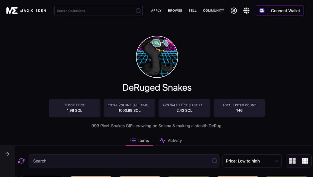 SlytherinSneks's tweet photo. Today marks the new beginning in #SolanaNFTs  space with the 1st Stealth DeRug. Our community has made some great accomplishments since 🚀

✅ Metadata fix
✅ Launched Twitter &amp; Discord
✅ Listed on @MagicEden_NFT 
✅ 1000+ SOL trade volume
✅ Listed on @MoonRankNFT

🐍 ksss ksss https://t.co/Ygxtkc2qek