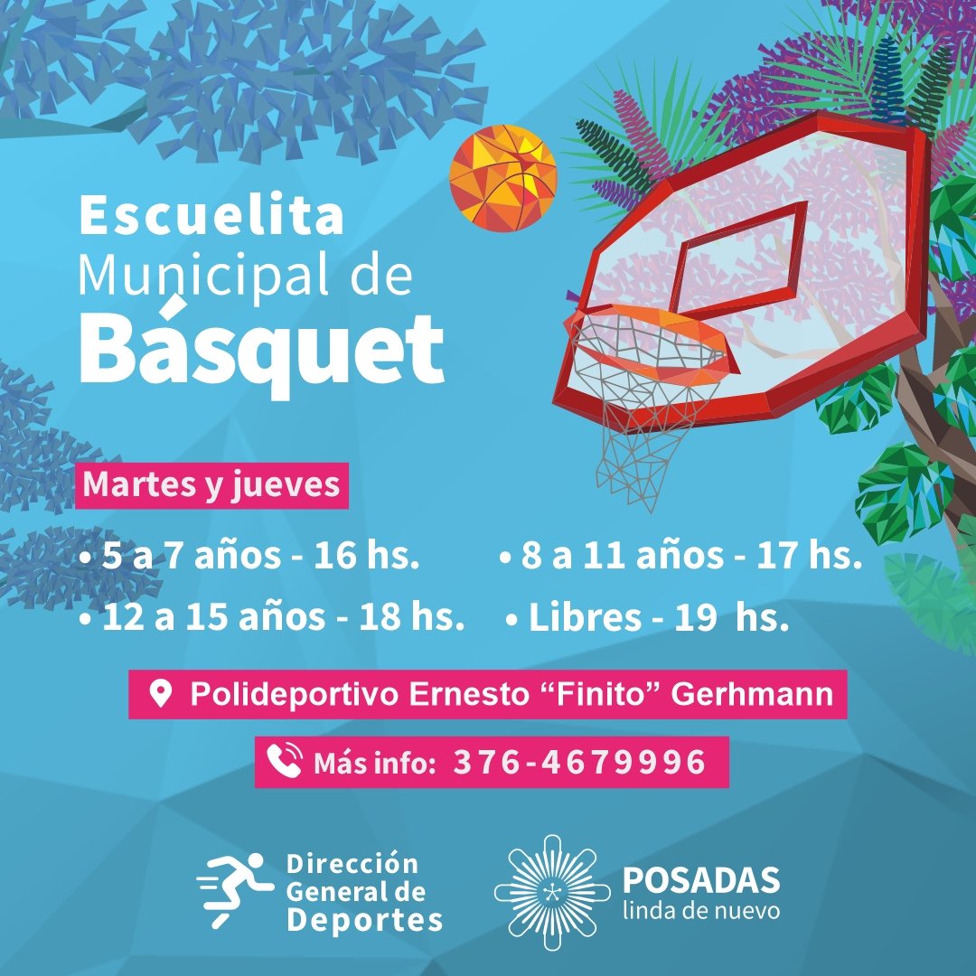 La <a href="/muniposadas/">Ciudad de Posadas</a> te ofrece una nueva actividad, la Escuela Municipal de Básquet. La misma se desarrollará en el Polideportivo “Finito” Gerhmann, los martes y jueves a partir de las 16:00 Hs. Para más información comunicarse al 3764679996.
#PosadasLindaDeNuevo
#PosadasDeportiva