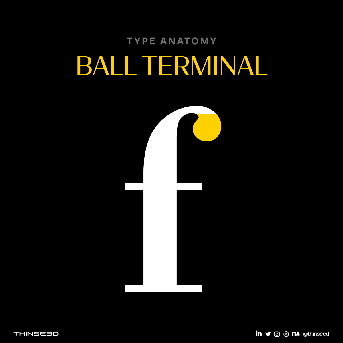 ThinSeed's tweet image. Ball Terminal:
A decorative typeface feature where a stroke ends in a circular shape.
.
.
.
.
.
#ballterminal #learnwiththinseed #typography #typeanatomy #anatomyoftype