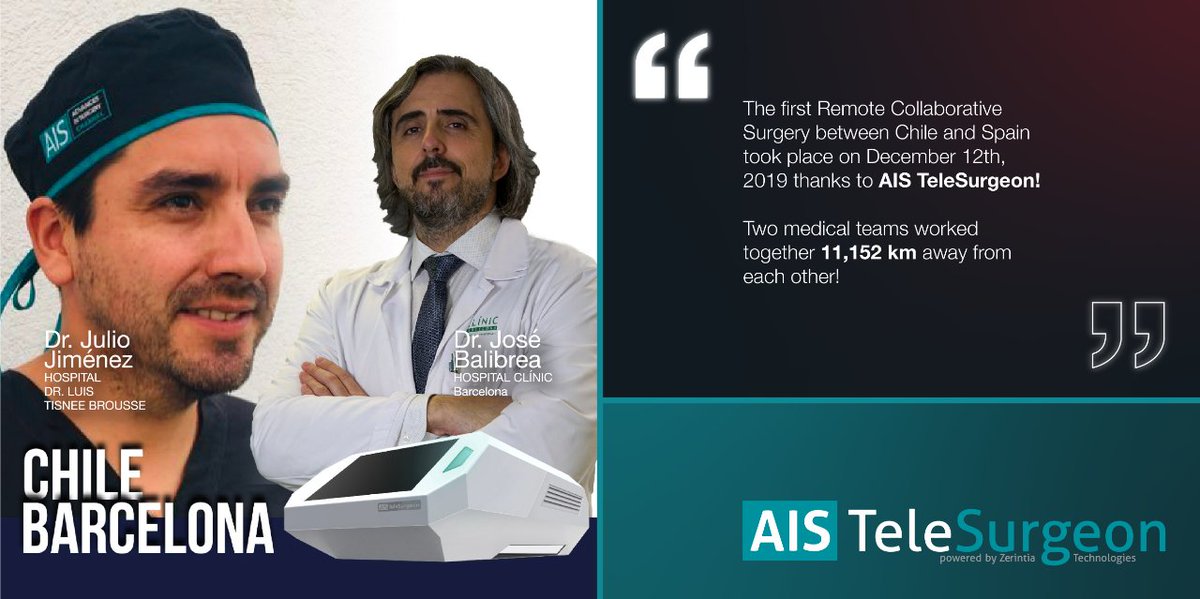 The first Remote Collaborative Surgery between Chile and Spain took place on December 12th, 2019 thanks to AIS TeleSurgeon!

Two medical teams worked together 11,152 km away from each other!

See how just by clicking here ➡ ais-telesurgeon.com/detail-success…

#patientcare #surgery