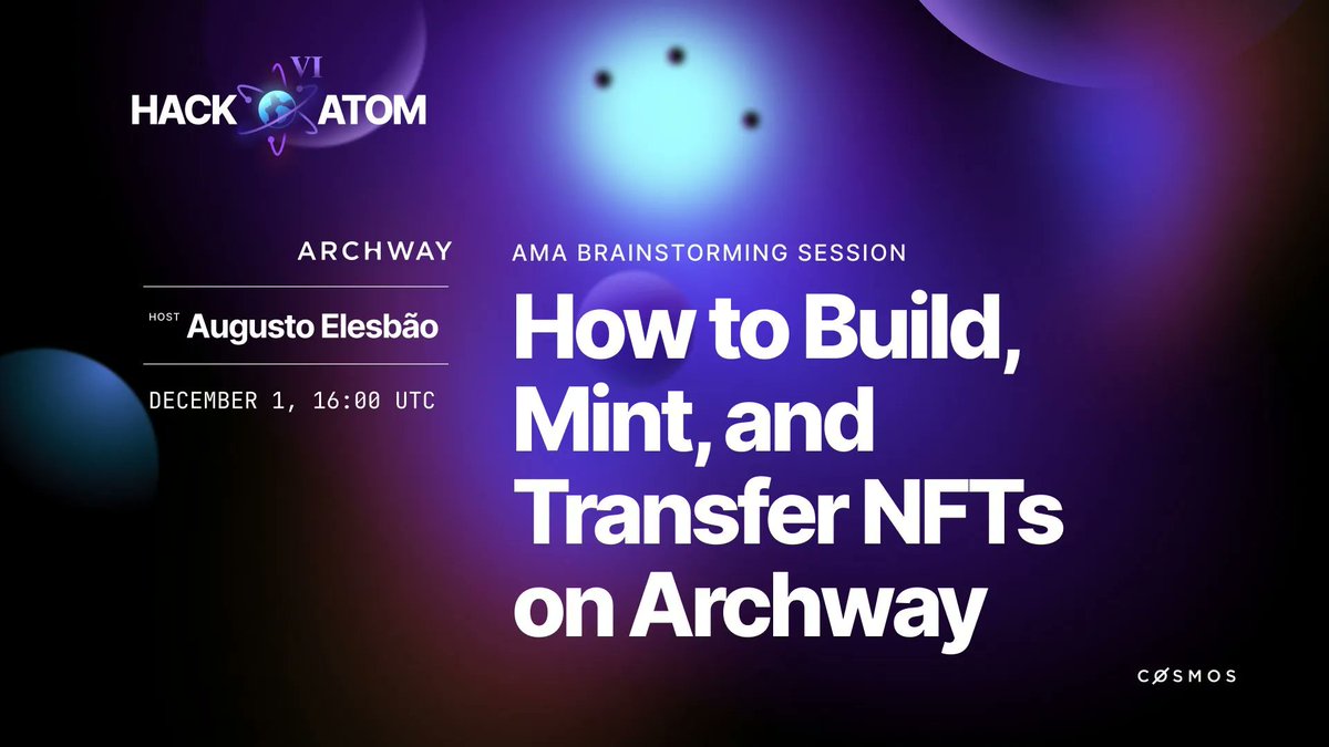 archwayHQ's tweet image. ⛩️ Hello guys! Archway #HackAtomVI Workshop starts soon. 

🕘 Time: 16.00 UTC

💻 Learn how to Build, Mint, and Transfer NFTs on Archway

➡️ Link: buff.ly/3kZohqh

#ARCHWAY #COSMOS