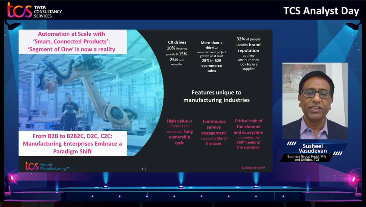 At #TCSAnalystDay Susheel Vasudevan talks about how <a href="/TCS/">Tata Consultancy Services</a>’ is helping Manufacturing customers reimagine #customerexperience. #Buildingonbelief