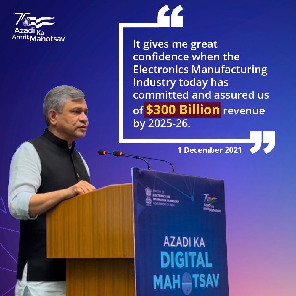 _DigitalIndia's tweet photo. Sh @AshwiniVaishnaw, Minister of @GoI_MeitY, @RailMinIndia &amp; Communication today addressed a gathering of experts from Electronics Manufacturing sector. The galaxy of stalwarts present from the industry expressed their enthusiasm towards achieving $300 Billion revenue by 2025-26. https://t.co/SpXnGjXbiG