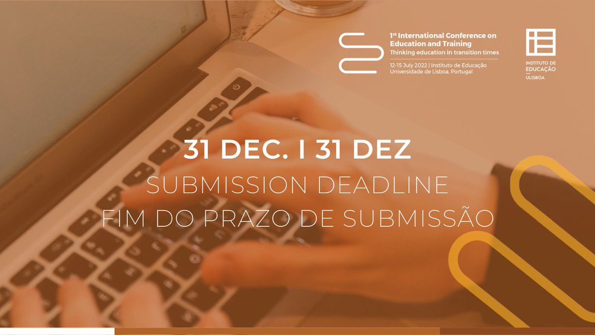 icet2022's tweet photo. 📅 Submission deadline ends in 1 month - 31 December 2021. Submit now!

PT: O prazo de submissões termina em 1 mês - 31 de dezembro 2021. Submeta agora!

🔗 [link in bio]

#ieulisboa #institutodeeducação #icet2022 https://t.co/ByXaY8lGMk