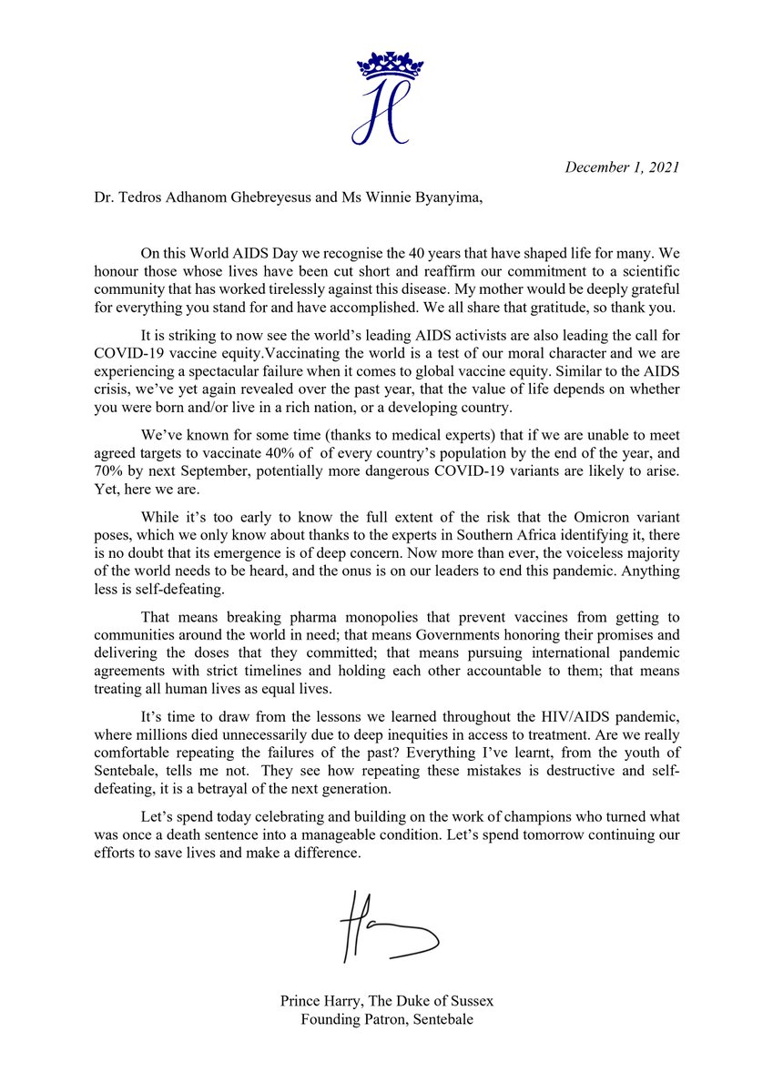 It's time to draw from the lessons from the AIDS pandemic, where millions have died unnecessarily due to deep inequities in access to treatment. 

We must not repeat past failures. 

Thank you Prince Harry, The Duke of Sussex, for this powerful, galvanising letter.

#WorldAIDSDay