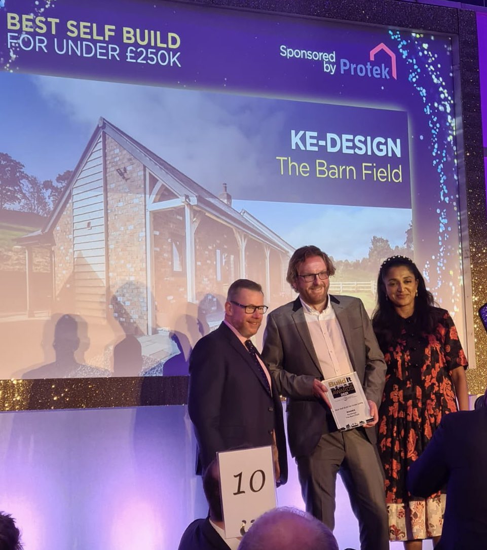 ProtekSelfBuild's tweet photo. Very pleased to have presented Best Self-Build for under £250k to @kedesign1 at the @BuildItMagazine #builditawards Congratulations!
#winners #selfbuild https://t.co/DFSFQ4DVRo