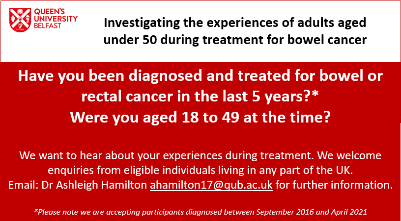 AC_Hamilton1's tweet photo. We have nearly reached our recruitment target for our study on the impact of cancer treatment on young patients with colorectal cancer. Just a few more participants needed! Please get in touch if you want to know more @CPH_QUB @QUB_CATP @QUBBowelCancer @OlindaSantin @DrHelenReid https://t.co/9Svff5Rwlz