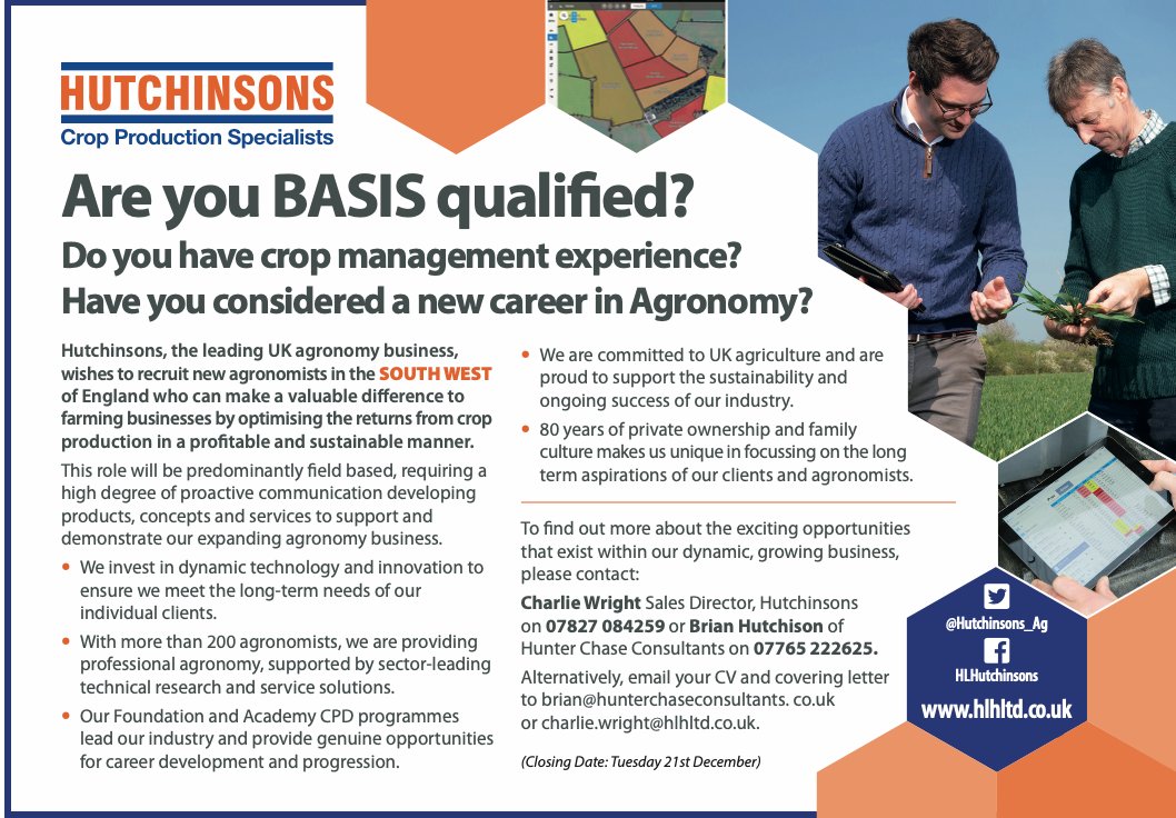 We are pleased to be working with Hutchinson's in the South West of England. This is an excellent opportunity for either experienced agronomists or candidates who are BASIS qualified and have crop management experience.
For details please contact Brian Hutchison on 07765 222625