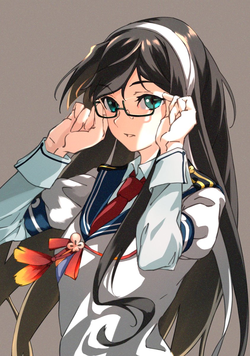 ooyodo (kancolle) 1girl solo long hair glasses black hair hairband school uniform  illustration images