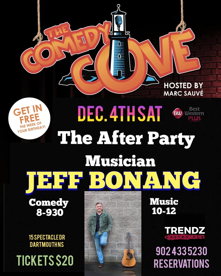Jeff Bonang plays after the show. 
Marc Sauvé headlines 
4 hours of top notch entertainment for only $20!
#dartmouthns #localstandupcomdey #datenight #livemusic #amazingfood
