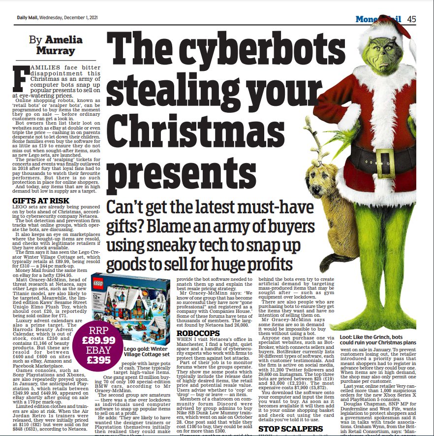 I spent the day with <a href="/Netacea_AI/">Netacea</a> talking about the rise of the 'bots' - software designed to snap up popular goods such as PlayStation, Lego sets and limited edition trainers - and what it means for families this Christmas dailymail.co.uk/money/beatthes…