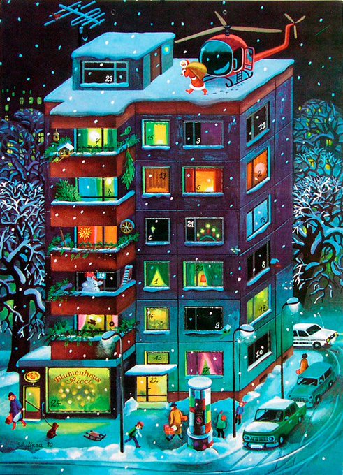 GermanAtPompey's tweet photo. A 1980 East German advent calendar, designed by Thomas Schallnau, depicting Santa arriving by helicopter on the roof of a block of flats https://t.co/5qLP3c7gz7