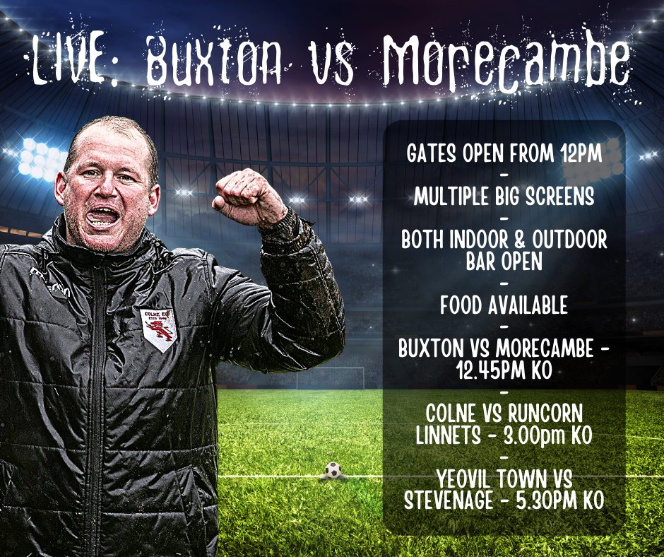 Colne_FC's tweet photo. 📺 Prior to our own game against @RuncornLinnets this Saturday, join us in supporting former Manager @StevenCunny on the big screen as @Buxton_FC compete in the #FACupSecondRound against @ShrimpsOfficial 🏆 https://t.co/UPL8Y5ZJsj