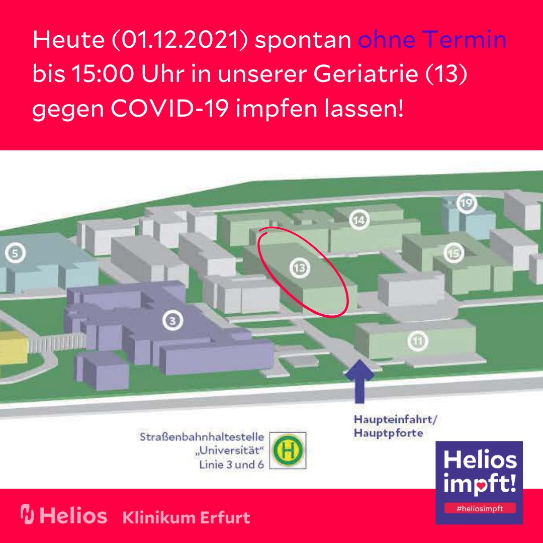 #heliosimpft Für Kurzentschlossene können wir heute noch bis 15 Uhr eine Erst-, Zweit- oder Auffrischungsimpfung (#Impfstoff #Monderna) anbieten. Kommen Sie spontan vorbei!

#coronaimpfung #allesindenarm #impfunggegencorona #THgegenCorona #erfurt @SozialesTH #thueringenimpft