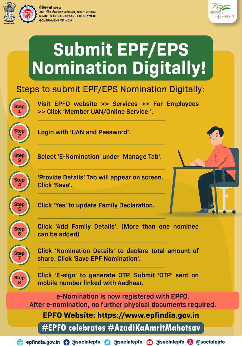 officialepfo's tweet photo. सदस्यों को अपने परिवार की सामाजिक सुरक्षा सुनिश्चित करने के लिए आज ही ई-नामांकन दाखिल करना चाहिए। EPF/EPS नामांकन डिजिटल रूप से दाखिल करने के लिए इन आसान चरणों का पालन करें।

#SocialSecurity #EPF #PF #EDLI #Pension #ईपीएफओ #ईपीएफ https://t.co/9UB4WoNObF