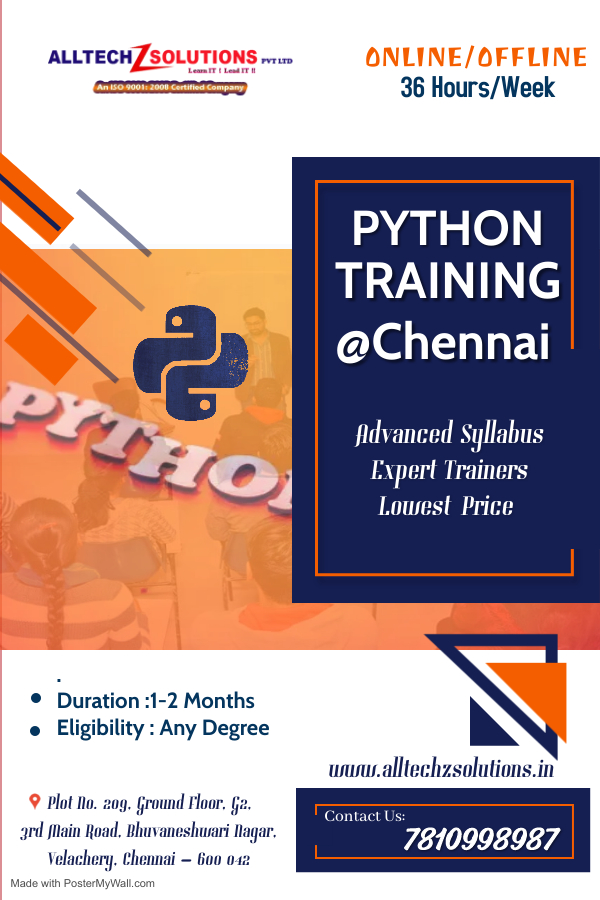 alltechz's tweet image. AlltechZsolutions is the Best #Python Training Institute in @Chennai &amp;amp; @Velachery.

#pythontraininginchennai #pythontrainingcourseinchennai #pythoncertificationinchennai #Onlinecertifications #pythontrainingcenterinchennai
Visit Us:alltechzsolutions.in/python-trainin…
 For Enquiry: 7810998987