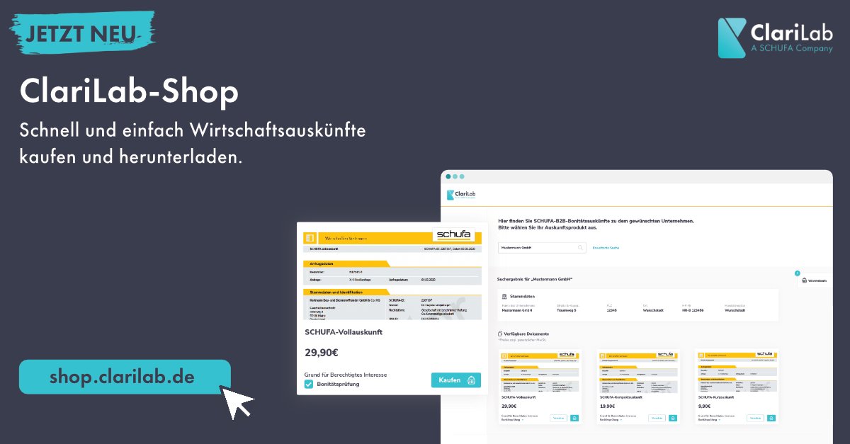 _kycnow's tweet photo. Wirtschaftsauskünfte einfach & schnell beziehen! Mit dem #ClariLab-Onlineshop können #SCHUFA-Wirtschaftsauskünfte unkompliziert, ohne Medienbruch oder Vertragslaufzeit bezogen werden.
▶️ Jetzt ausprobieren: https://t.co/vp2sbyDC8F
#wirtschaftsauskünfte #gwg #geldwäsche #kycnow https://t.co/cjowtr4bki