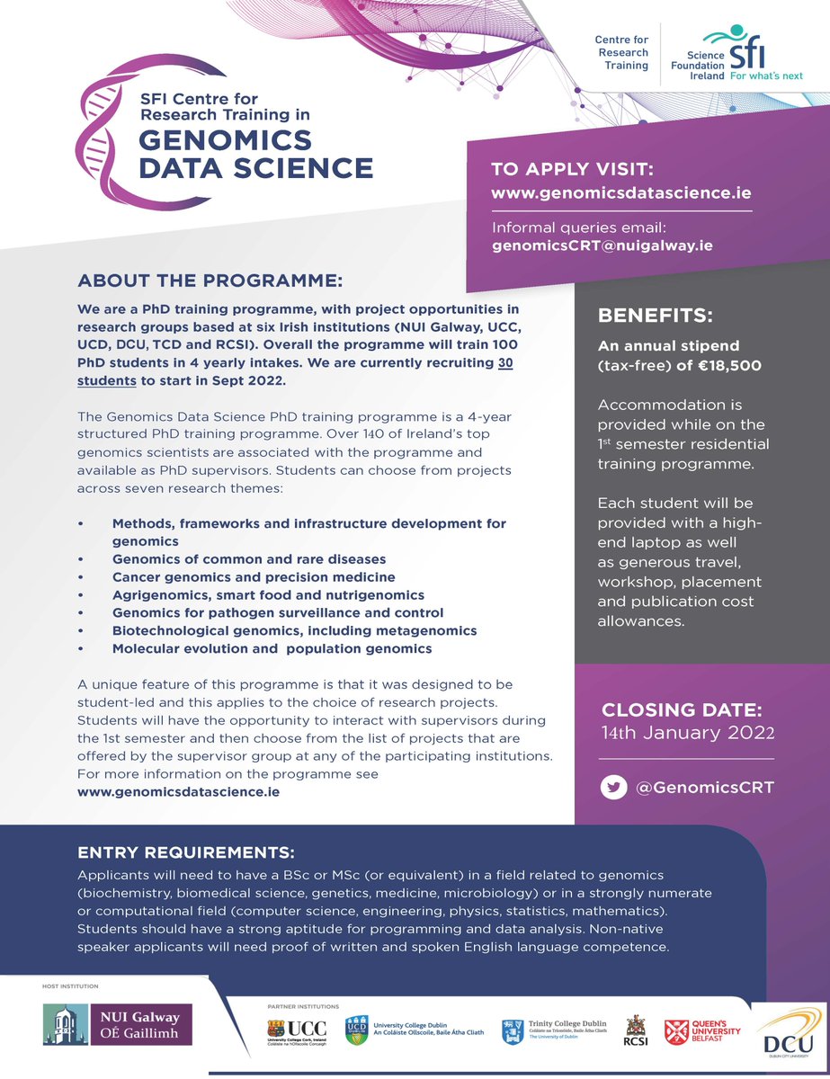 GenomicsCRT's tweet photo. Delighted to announce that we are OPEN for recruitment!!! We have 32 funded PhD positions to start in Sept 2022 to carry out exciting research in #Genomics #DataScience. For more information and to apply visit https://t.co/eSoc2wj8fB and https://t.co/Ef24UkvLyE  Please RT https://t.co/4efEW9jS82