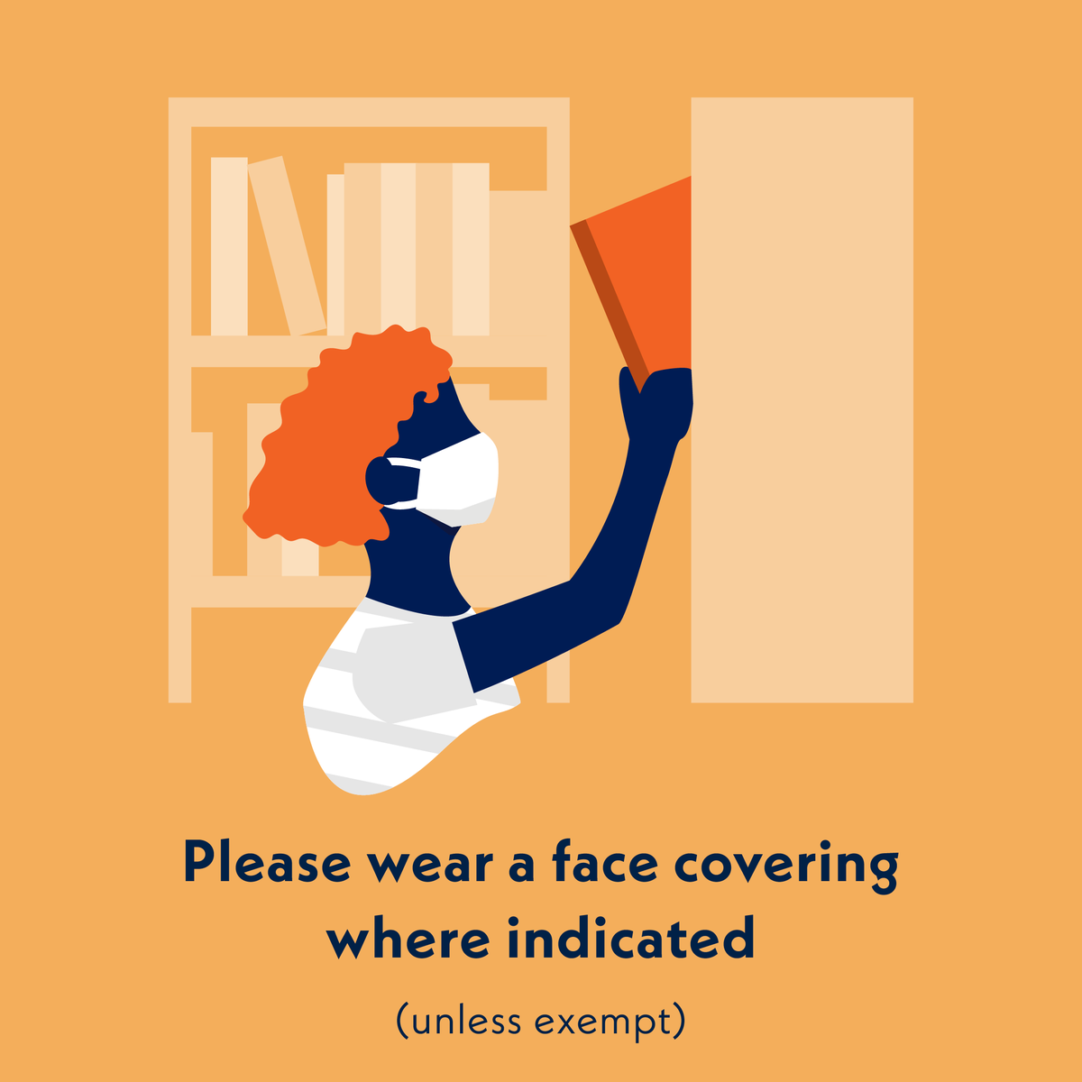 Graphic (yellow, orange, dark blue) of a person in a facemask reaching for a book from a bookshelf