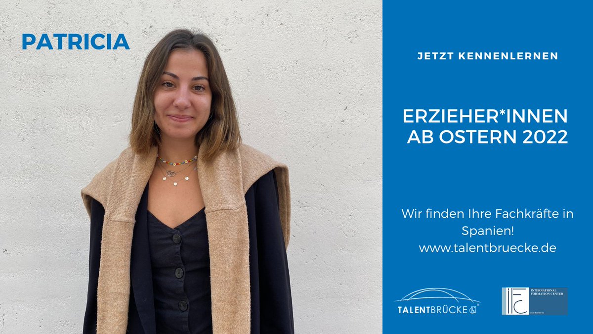 Verstärkung für Ihre Kita ab Ostern 2022! 
Patricia – jetzt kennen lernen!
talentbruecke.de

<a href="/IFCenter/">IF Center</a> #Fachkräfte #Erzieher #Erzieherin #Kita #Kindergarten
#Mitarbeiter #Jobs #Unternehmen #Business #Spanien #Deutschland #Recruiting #Ausland
#moveyeu