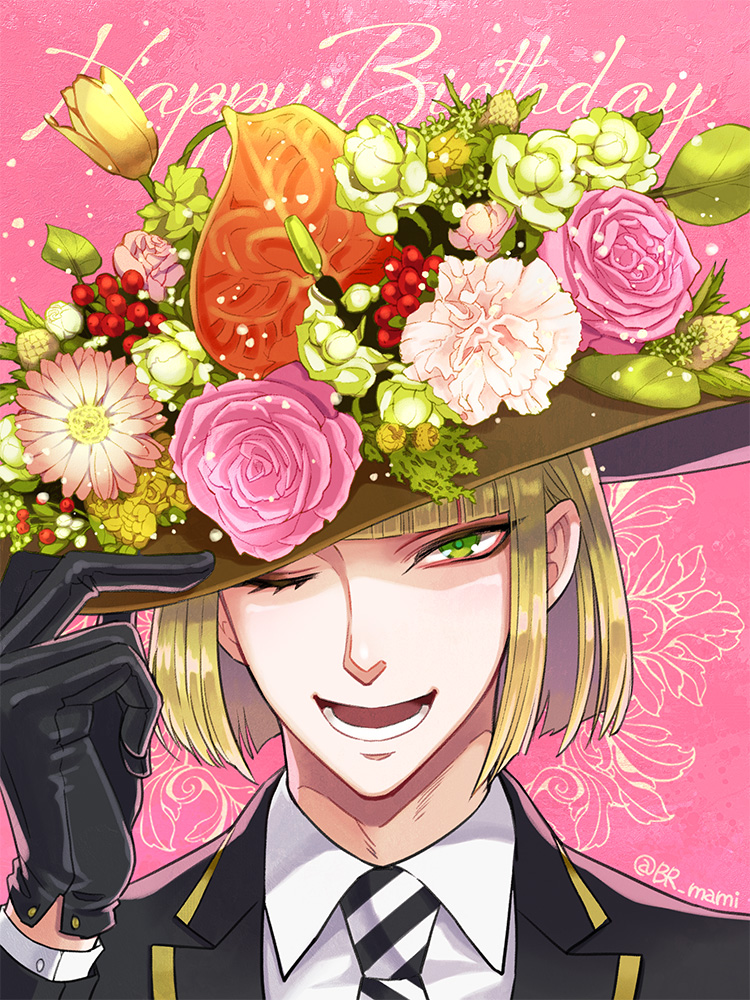 1boy male focus gloves green eyes flower one eye closed solo  illustration images