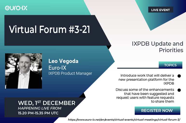 euroix's tweet photo. There's still time to register for the forum today; 13:00-15:35 UTC. Hear from Leo Vegoda, the #IXPDB Product Manager on the new presentation #platform. Join the discussion & send in your #feature requests! @IXFederation Register: https://t.co/pjST69VBk0
#IXPs #community #tools https://t.co/A4AqbBC6Tm