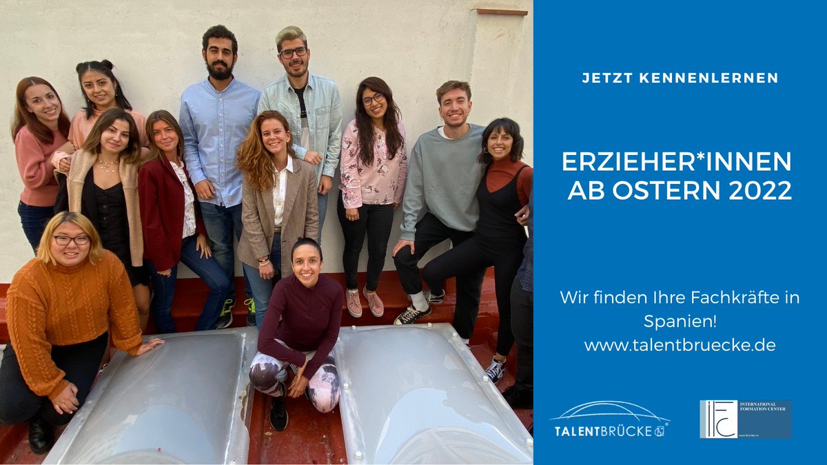 Verstärkung für Ihre Kita ab Ostern 2022! 
Unsere „Ostergruppe“ – jetzt kennen lernen!
talentbruecke.de

<a href="/IFCenter/">IF Center</a> #Fachkräfte #Erzieher #Erzieherin #Kita #Kindergarten
#Mitarbeiter #Jobs #Unternehmen #Business #Spanien #Deutschland #Recruiting #Ausland
#moveyeu