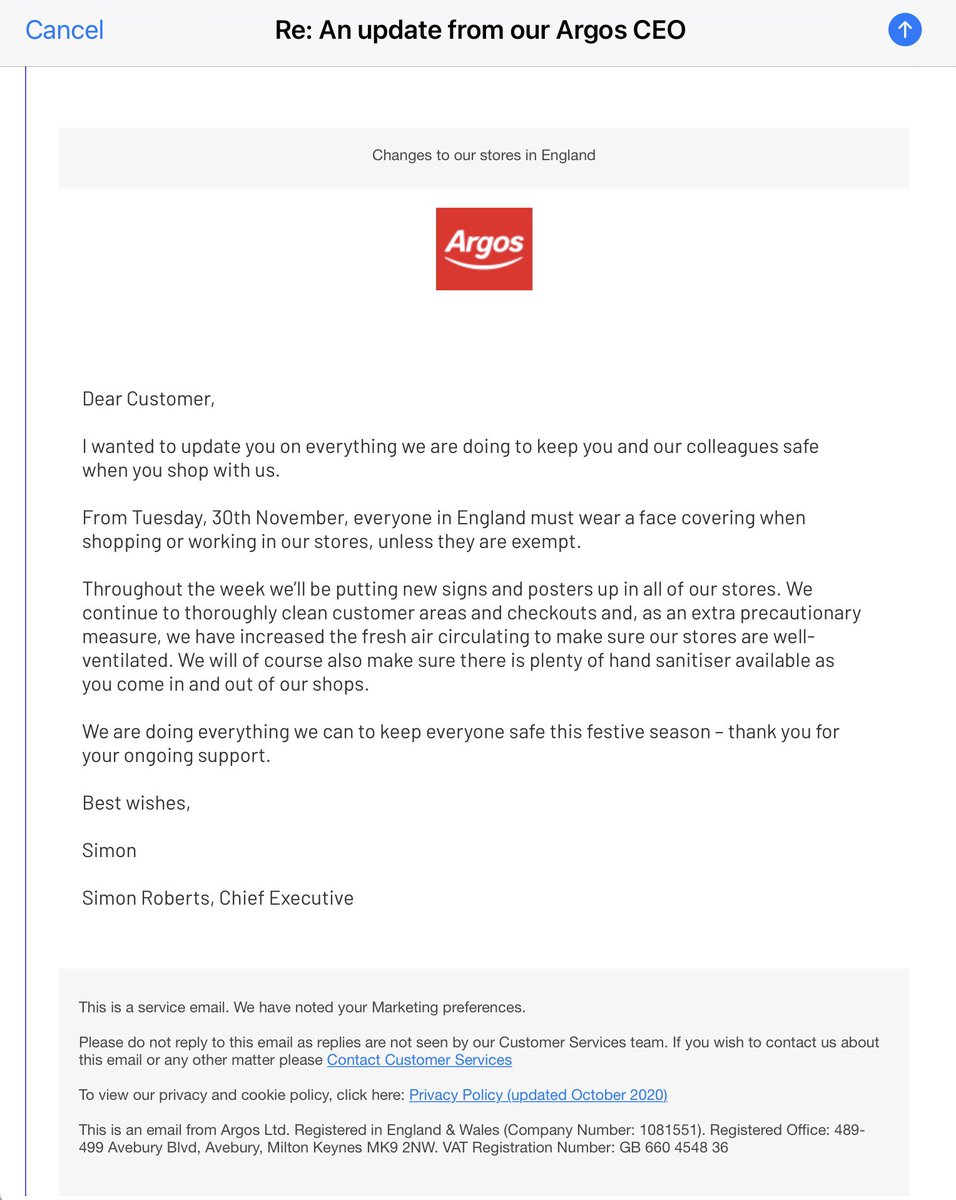 AthenaFreedom20's tweet photo. simon.roberts@sainsburys.co.uk Just had this email from Simon Roberts CEO Argos/Sainsburys. I will NOT shop in Argos as he is forcing his staff to wear a pointless mask ALL DAY (except exempt) #BoycottSainsburys #BoycottArgos https://t.co/6ZNIUkq2gK