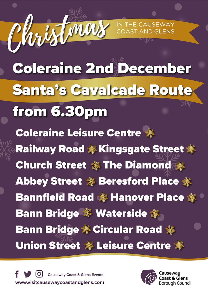 Can't wait to light up Coleraine this Thursday 2nd December.🎄 Come along and join the fun! 🤩 Full details here:
facebook.com/29699288378554…
<a href="/VisitCauseway/">Visit Causeway Coast & Glens</a> <a href="/ColeraineChron/">COLERAINE CHRONICLE</a> <a href="/Coleraine_Times/">Coleraine Times</a> #Christmas #Santa 🎅