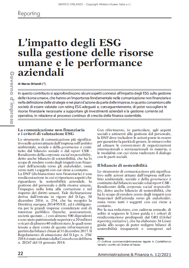 MarcoOrlandi67's tweet photo. L'impatto degli ESG sulle risorse umane e le performance aziendali, il tema che ho sviluppato nel nuovo nr. 12/2021 (mese di dicembre 2021), della Rivista "Amministrazione &amp; Finanza" di IPSOA-Wolters Kluwer Editore.
#ESG #HR #HumanResources #bilancio #sostenibilità #PMI https://t.co/svOlCzlKp1