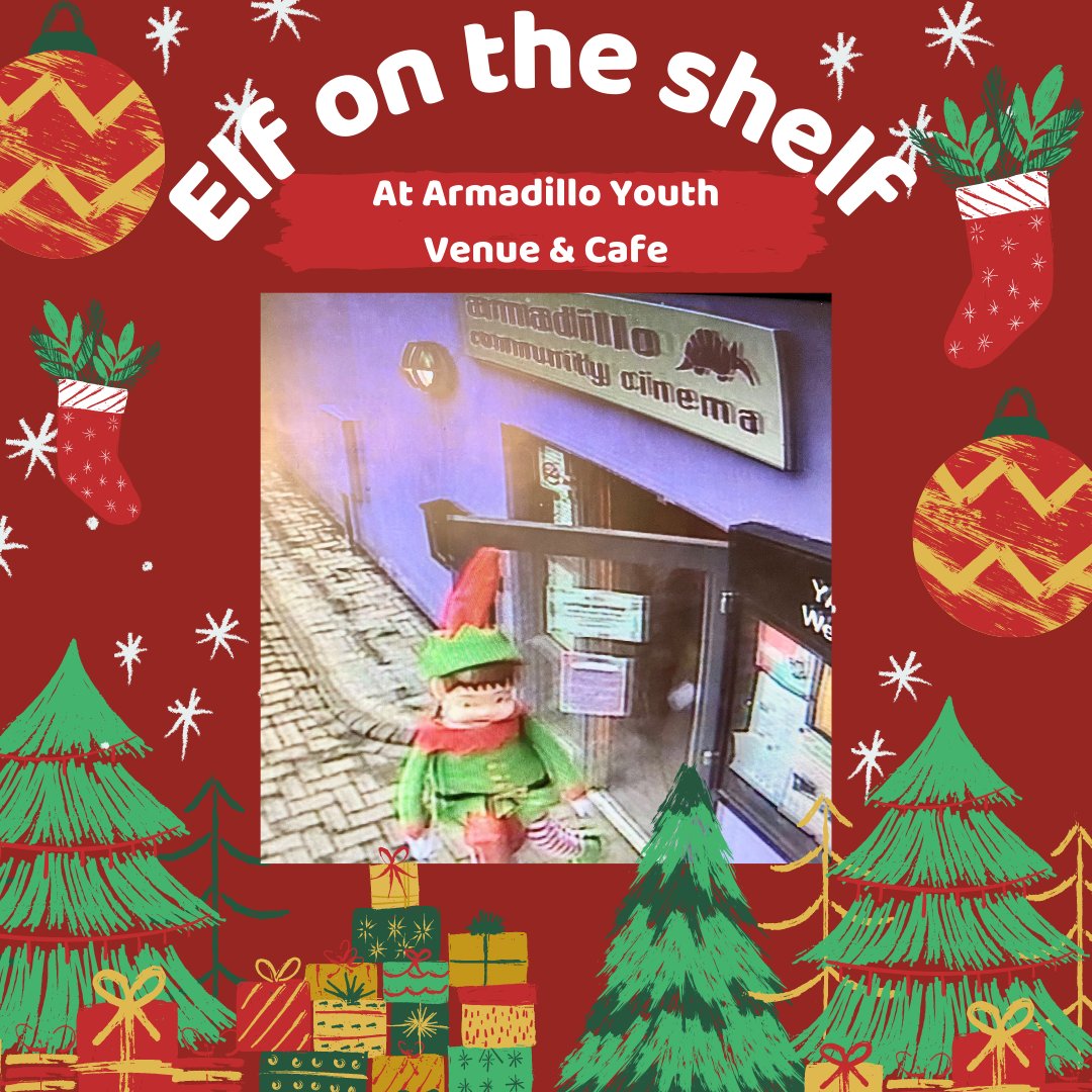 The alarms were ringing last night, and when we checked the CCTV in the morning this is what we saw! 🎅⛄️ 
Ernie the Elf has arrived at Armadillo Youth Venue &amp; Cafe from the North Pole
He has come to cause chaos for the next 24 days right up to Christmas
#ErnieandArnieatArmadillo