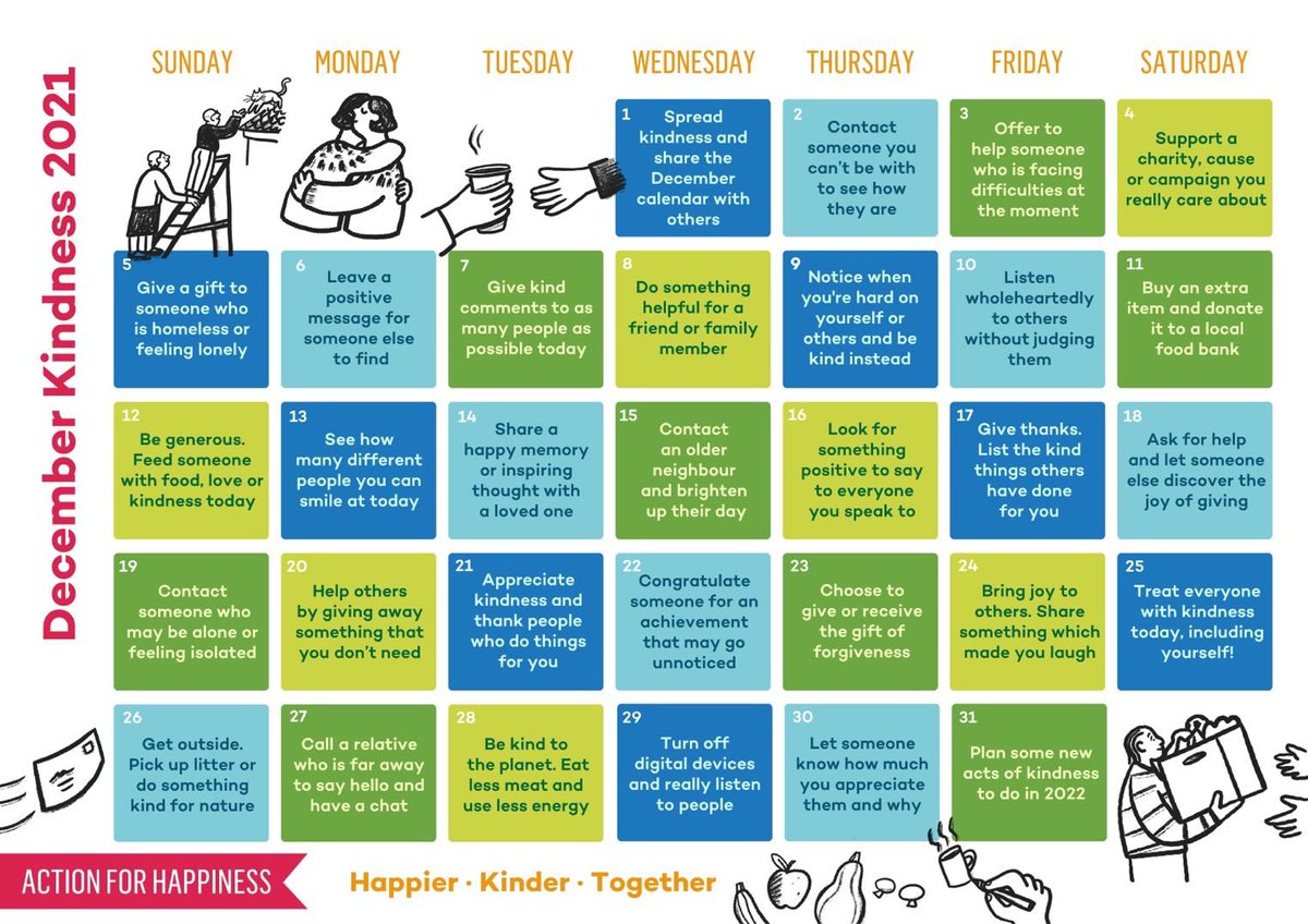 Every act of kindness makes a difference 🤩

Let's work together to help create a happier world this December with the Kindness Calendar from @actionhappiness 

#DoGoodDecember #NUIGWhatsOn @NUIGSU @HealthUnitNUIG @SocsBoxNUIG @ALIVEnuigalway