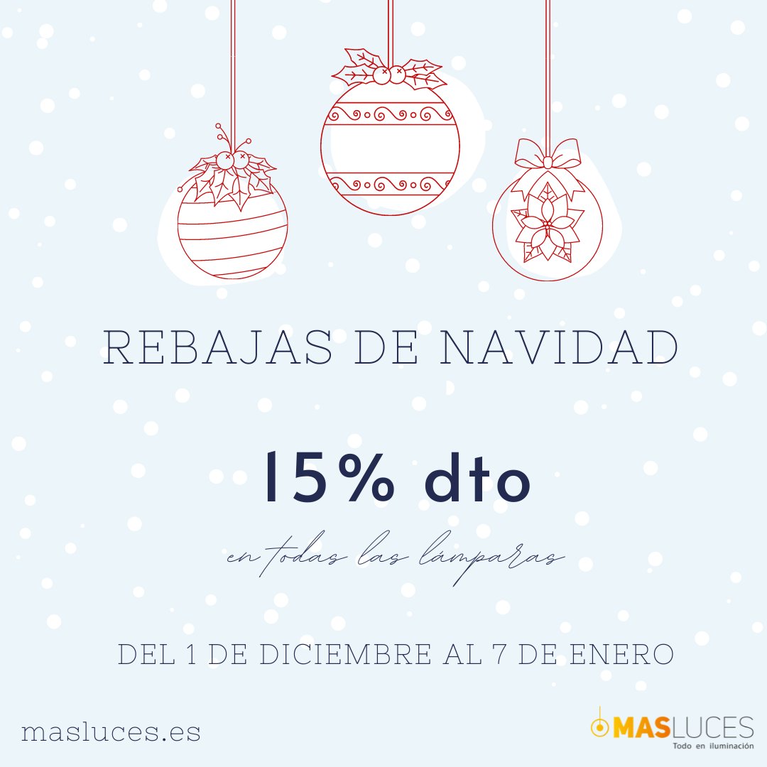 ¡DESCUENTOS EN NAVIDAD EN MAS LUCES
Durante todas las fiestas disfruta de un 15% de dto en todas nuestras lámparas.

ow.ly/fgH050GY86O

#lamparas #decoracion #iluminacion #hogar #mobiliario #navidad #rebajasnavidad #masluces
