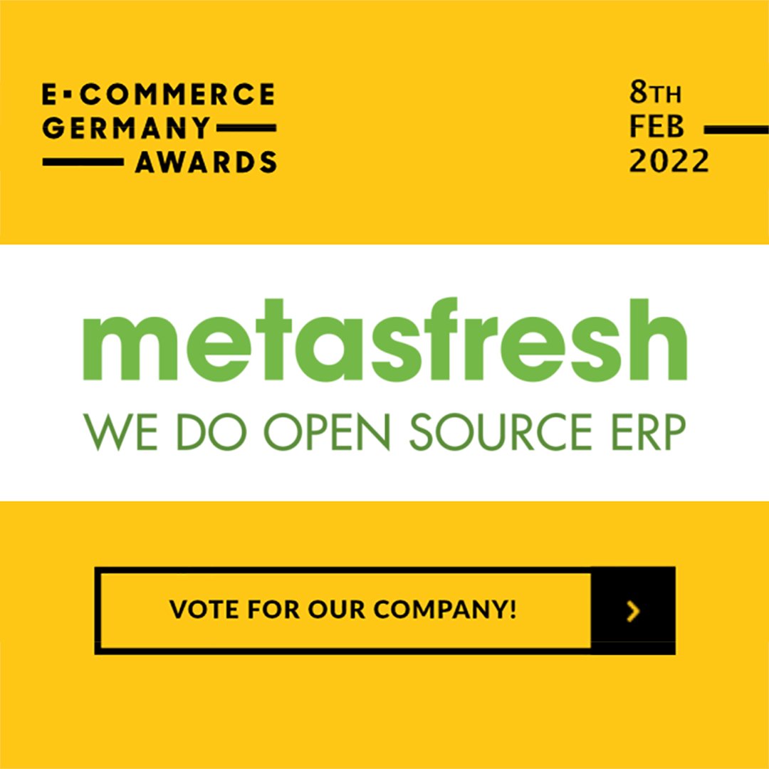 #EcommerceGermanyAwards 2022 🏆
VOTING OPEN until December 16th!

#metasfreshERP is nominated for:

Best #Omnichannel Solution ✨
🛍️ ecommercegermanyawards.com/vote/133682

Best #LogisticsSolution ✨
🚚 ecommercegermanyawards.com/vote/133681

We'd love your vote of confidence. Follow the links to #VOTE! 🗳️