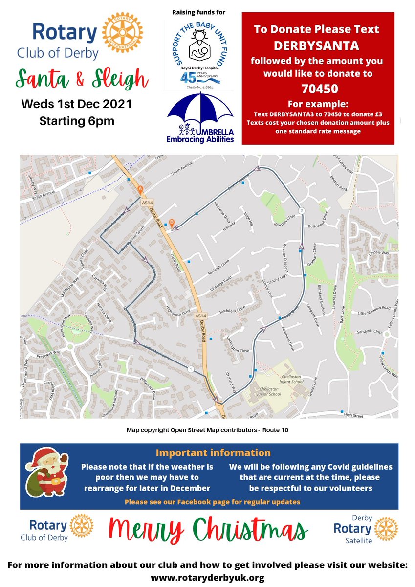 The Rotary Club of Derby, UK (@rotaryderby) on Twitter photo Santa and his Sleigh will be in Chellaston this evening. See route on map
Visit <a href="/derby_santa/">Derby Santa</a> to book letters and video messages from Santa.🧑🎄 Santa and his Sleigh will be in Chellaston this evening. See route on map
Visit <a href="/derby_santa/">Derby Santa</a> to book letters and video messages from Santa.🧑🎄