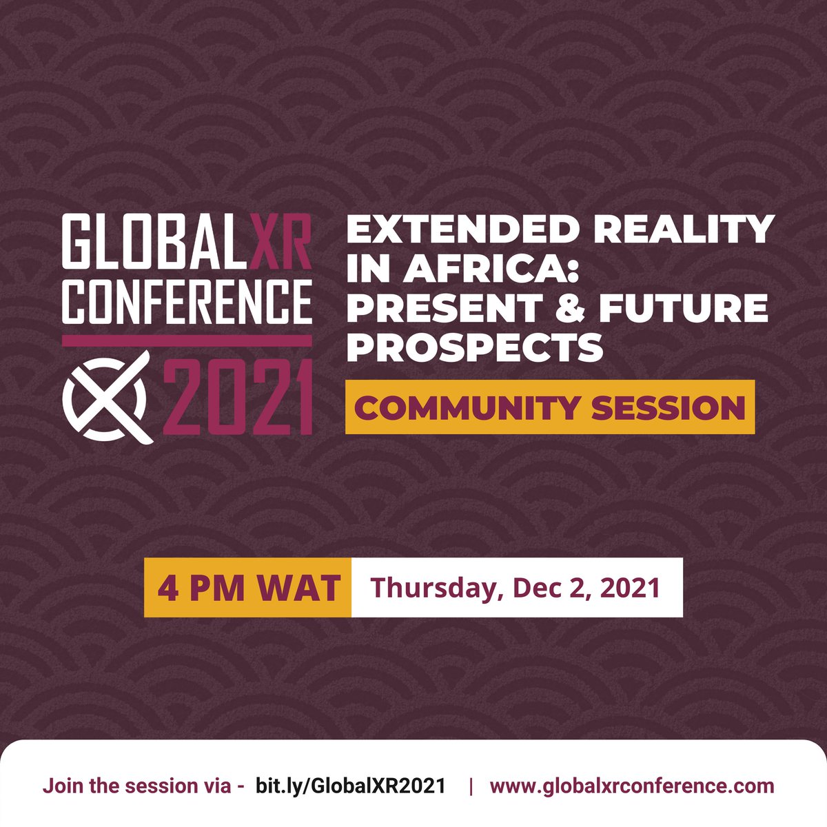 Getting set to host some fantastic African XR creators for the Global XR Conference 2021: Africa Community Session.

Date: 2nd December, 2021

Time: 4pm WAT

Stream via -  bit.ly/GlobalXR2021

Register via -  globalxrconference.com

 #VirtualReality #AugmentedReality #Africa