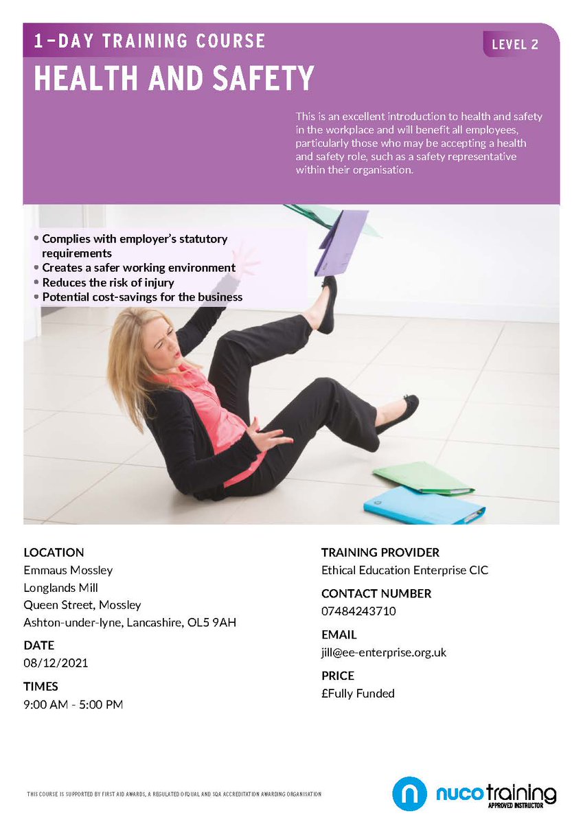 ethicaled's tweet image. Our fully funded Health and Safety course is running at Emmaus Mossley next week and there are still spaces! If you are unemployed and looking for a qualification to give you a boost to get into work, then contact Jill for further information. For eligibility visit our website.