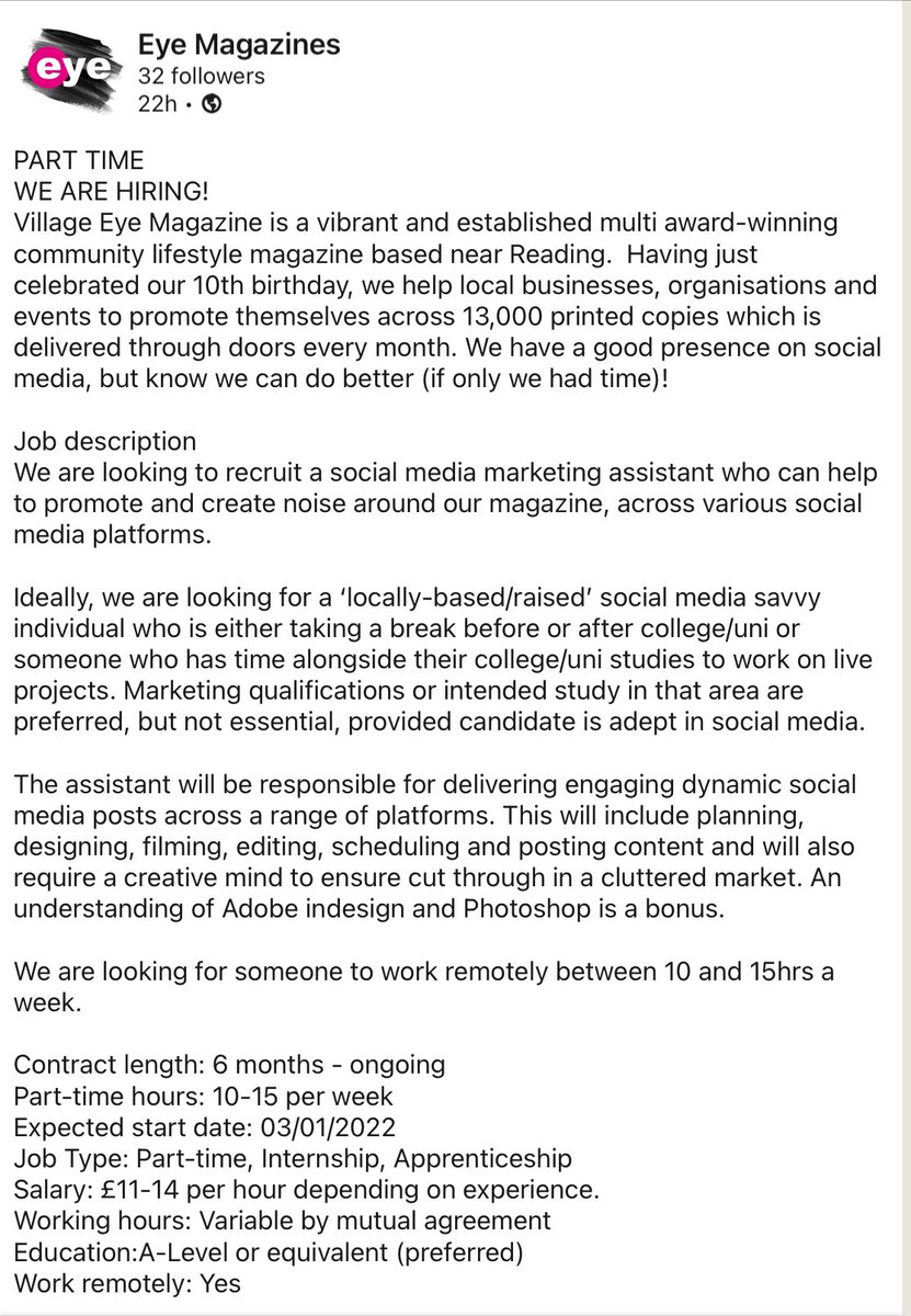New role at award winning Village Eye Magazines in Berkshire.
Social media marketing assistant.
Job description 👇
#socialmedia #Berkshire #SmallBusiness #marketingjobs
