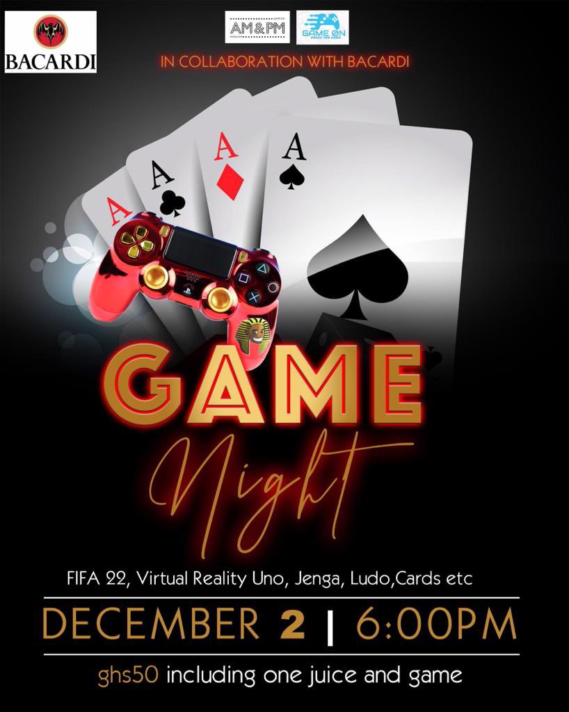 It’s the best Game Night in #Accra tomorrow <a href="/ampmghana/">AM&PM</a> in collaboration with #Bacardi 
Pure Vibes into the holiday! The game between Manchester United and Arsenal will also be shown. #GAMEON