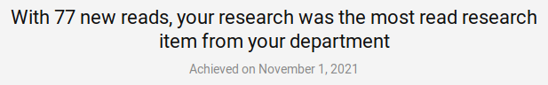 ItaiLeigh's tweet photo. This is a false achievement @ResearchGate: the item that was read belongs to a different research world than my current department. Comparing it to items of my current department is unrepresentative and misleading (item's fields: art, psychology, cognition; curr. field: CompSci) https://t.co/PFcyyhEOiE