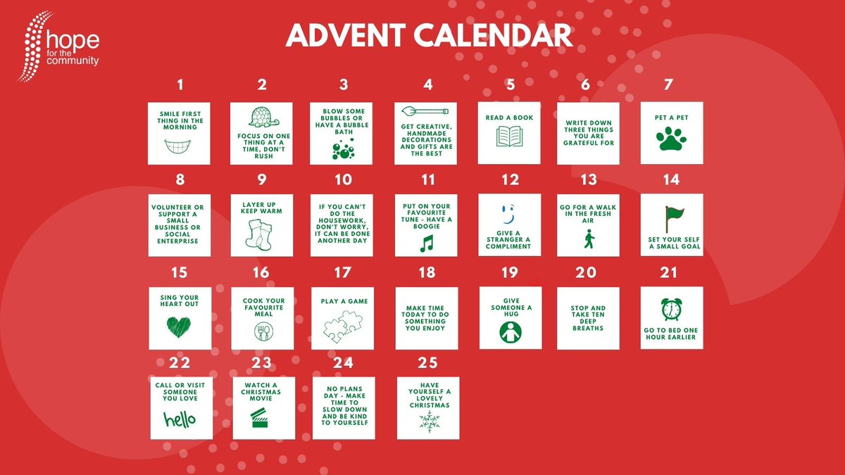HOPE4TC's tweet photo. The countdown to Christmas can be busy and stressful, we hope our daily tips will help keep you on track in the run up to the festivities.
#LiveWellwithHope
#H4CAdventCalendar
#HopeAdventCalendar
#Wellbeing
@grapevinecandw https://t.co/lSFxtW1cQo