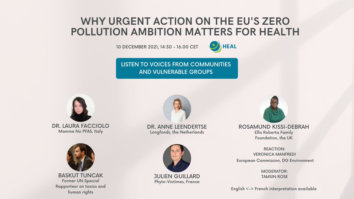 Join us on 10 December, 14.30 CET:

Our high level panel will highlight the voices of those rarely heard but most affected by health-harming pollution.

bit.ly/3obnRzh

Beating pollution today can prevent disease tomorrow, for everyone.

#ZeroPollution #EUGreenDeal