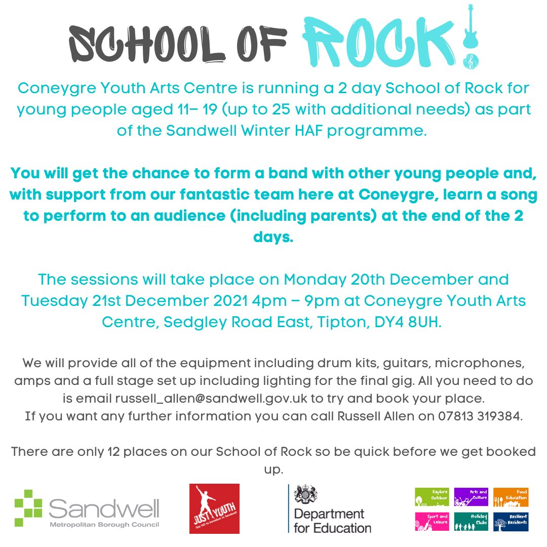 🎸 SCHOOL OF ROCK 🎸

Coneygre Youth Arts Centre is running a 2 day School of Rock  as part of the Sandwell Winter HAF programme. 

Email russell_allen@sandwell.gov.uk to try and book your place.

For further information, call Russell Allen on 07813 319384 🎸