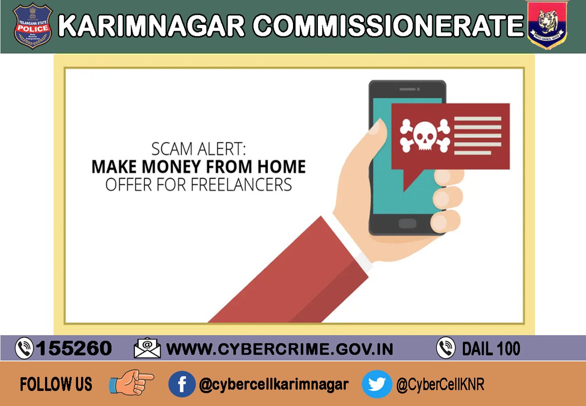 CyberCellKNR's tweet photo. Beware of This Offer to Make Money From Home
#cybercell
#cybersaftey
#cyberalert
#TelanganaStatePolice https://t.co/eqqzvOZGyg