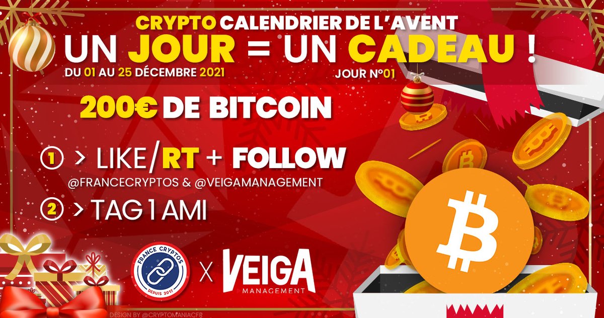 France Cryptos 🔗 (@francecryptos) on Twitter photo #CRYPTOCALENDRIER 🎄 01/25
Aujourd'hui gagnez jusqu'à 200€ en #Bitcoin ! 10€ tous les 100 RTs sur ce post ! ⚡
Pour participer :
👉 Follow <a href="/FranceCryptos/">France Cryptos 🔗</a> & <a href="/VeigaManagement/">Veiga Management</a>
👉 Likez & Retweetez
👉 @ un ami !
⏳ TAS le 26/12 !
Bonne chance à tous ! 🍀 #Concours 🎁 #Noël #CRYPTOCALENDRIER 🎄 01/25
Aujourd'hui gagnez jusqu'à 200€ en #Bitcoin ! 10€ tous les 100 RTs sur ce post ! ⚡
Pour participer :
👉 Follow <a href="/FranceCryptos/">France Cryptos 🔗</a> & <a href="/VeigaManagement/">Veiga Management</a>
👉 Likez & Retweetez
👉 @ un ami !
⏳ TAS le 26/12 !
Bonne chance à tous ! 🍀 #Concours 🎁 #Noël